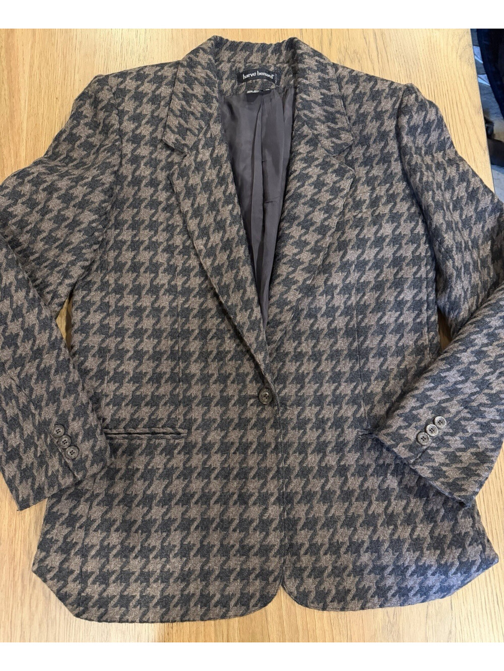 Harve Benard VTG Womens Blazer Tweed Houndstooth Black Tan 100% Wool Jacket 10